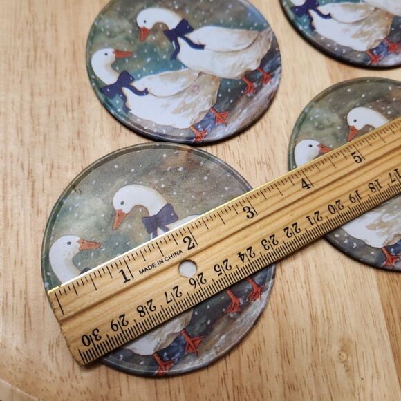 Winter Snow Geese Coaster Set | 6 Pieces | Blue Bows | Holiday Decor - Picture 6 of 8